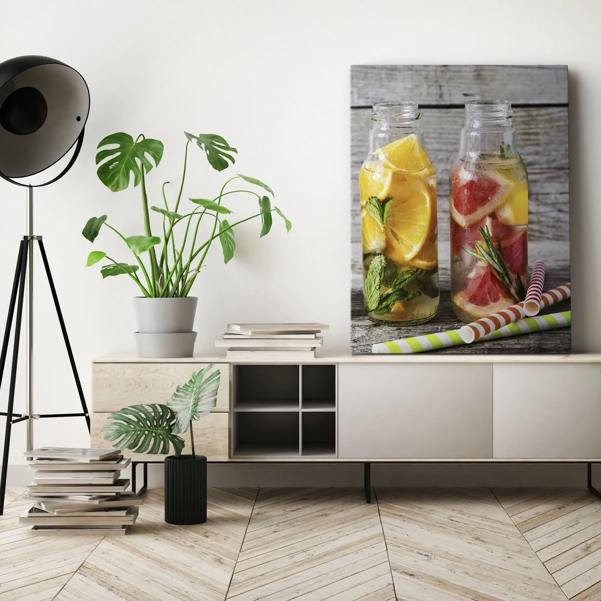 Impression sur toile - Image sur toile - Bouteilles d'eau fruitée et d'herbes sur fond de bois - 50x70cm - Sain par nature - Décoration murale moderne pour le salon et la chambre ARTTOR