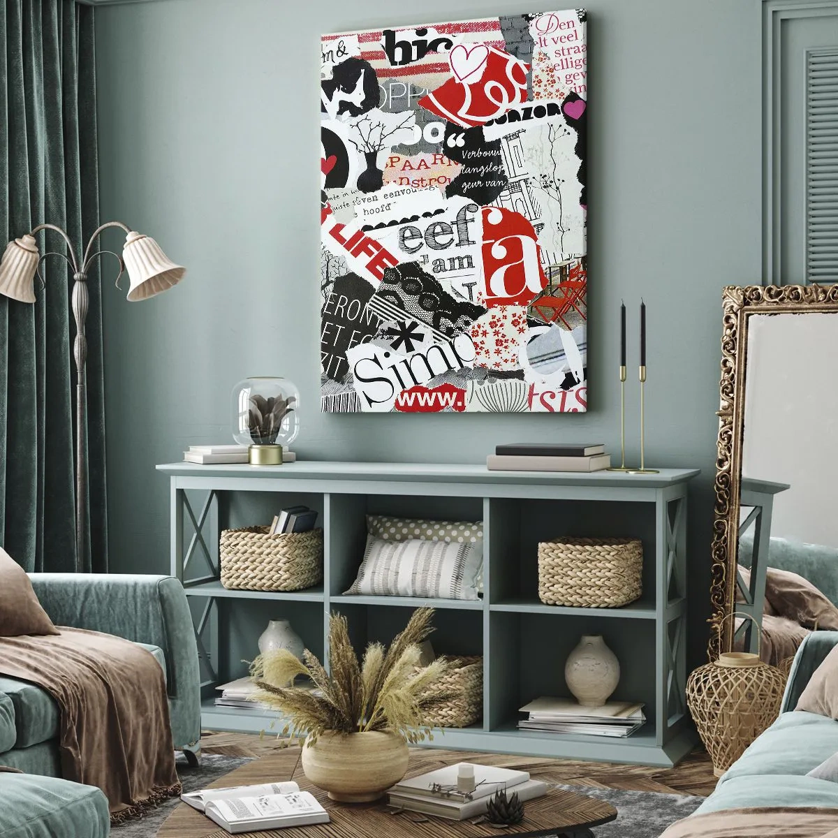 Impression sur toile - Image sur toile - Un collage coloré avec des inscriptions, des cœurs et des graphiques. - 70x100cm - Collage hipster - Décoration murale moderne pour le salon et la chambre ARTTOR