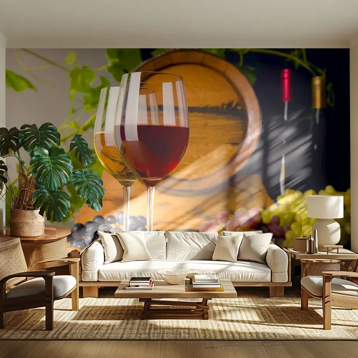 Papier Peint Photo Standard Eco - Comme les vieux maîtres - Tonneau de vin, Raisin, Un verre de vin - 400x280 cm