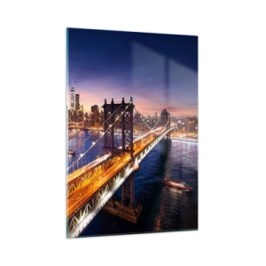Impression sur verre - Image sur verre - Le pont sur fond de panorama urbain nocturne avec des gratte-ciel illuminés - 50x70cm - Un pont lumineux au cœur de la ville - Décoration murale moderne pour le salon et la chambre ARTTOR