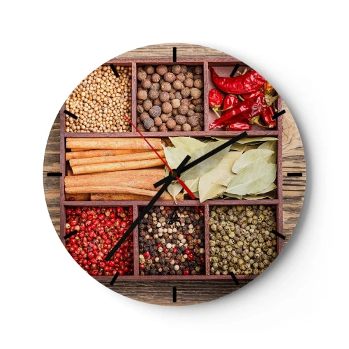 Horloge murale - Pendule murale - Épices dans des compartiments en bois - 30x30cm - Ordre des formes, bouquet d'arômes - Décoration murale moderne pour le salon, la cuisine et la chambre ARTTOR