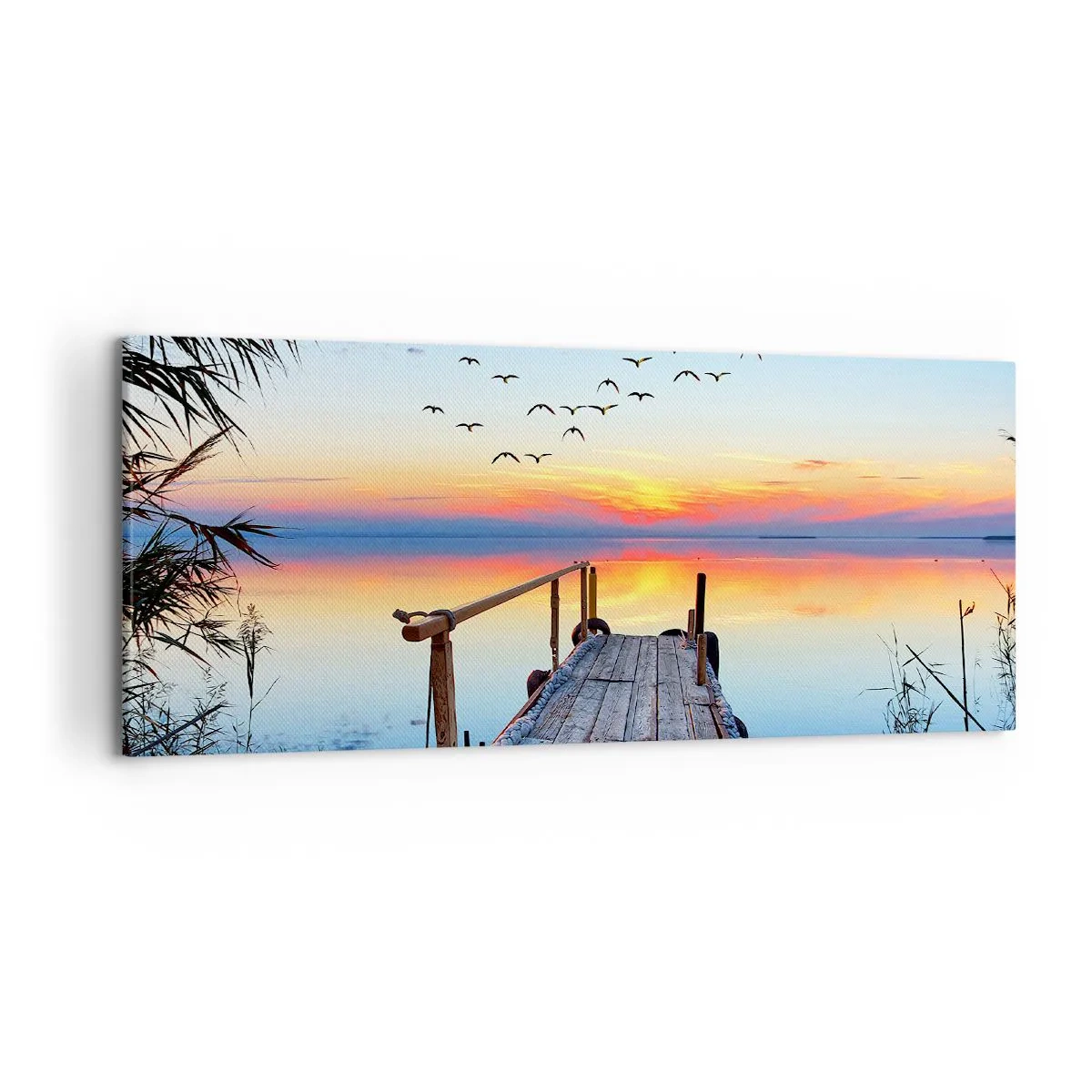Impression sur toile - Image sur toile - Jetée en bois sur le lac au coucher du soleil - 120x50cm - Il est temps de rentrer... - Décoration murale moderne pour le salon et la chambre ARTTOR