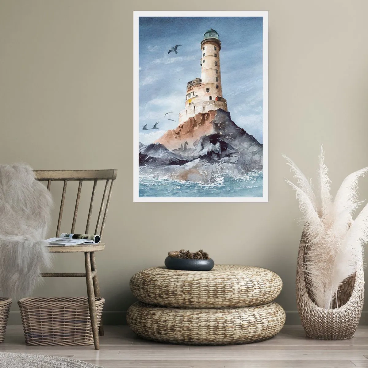 Affiche - Poster - Une aquarelle représentant un phare sur une côte rocheuse - 50x70cm - Invincible - Décoration murale moderne pour le salon et la chambre ARTTOR