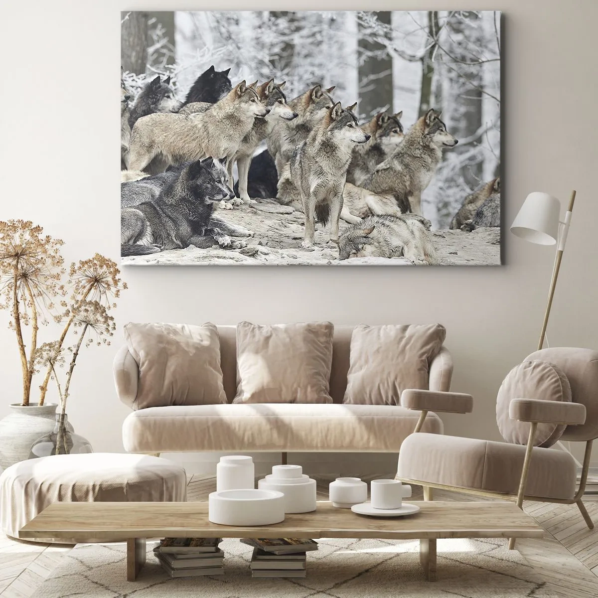 Impression sur toile - Image sur toile - Une meute de loups dans la forêt d'hiver - 120x80cm - Famille et amis - Décoration murale moderne pour le salon et la chambre ARTTOR