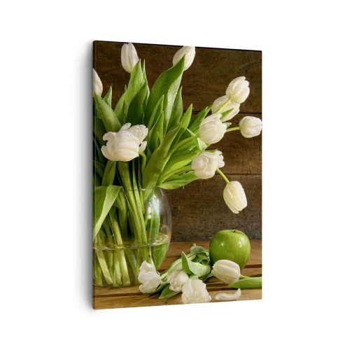 Impression sur toile - Image sur toile - Un bouquet de tulipes blanches dans un vase en verre avec des pommes vertes - 50x70cm - Juteux et frais en vert et blanc - Décoration murale moderne pour le salon et la chambre ARTTOR