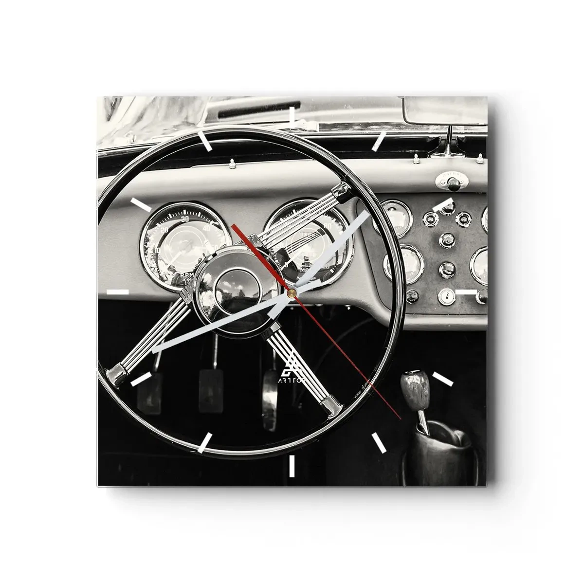 Horloge murale - Pendule murale - Intérieur de voiture classique noir et blanc - 30x30cm - Rêve de collectionneur - Décoration murale moderne pour le salon et la chambre ARTTOR