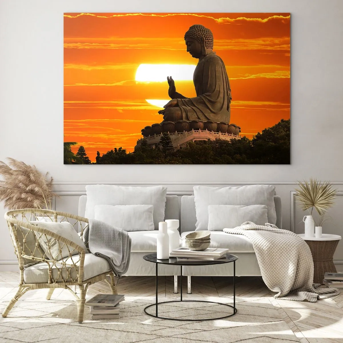 Impression sur verre - Image sur verre - Statue de Bouddha sur fond de soleil couchant - 70x50cm - Aucune peur du monde - Décoration murale moderne pour le salon et la chambre ARTTOR