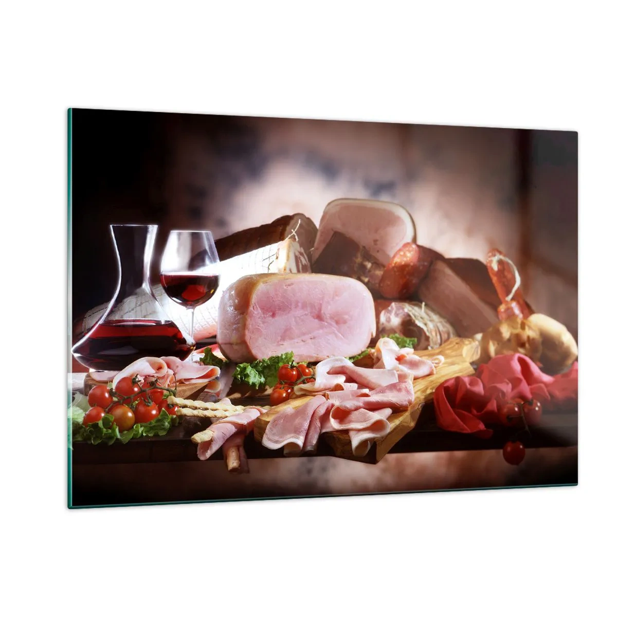 Impression sur verre - Image sur verre - Table de cuisine avec charcuterie, vin et légumes frais - 120x80cm - Un rêve culinaire avec une carafe - Décoration murale moderne pour le salon et la chambre ARTTOR