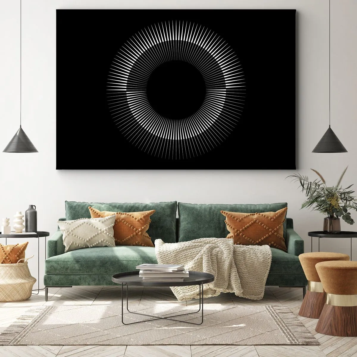 Impression sur toile - Image sur toile - Cercle graphique avec des rayons en noir et blanc - 100x70cm - Soleil noir - Décoration murale moderne pour le salon et la chambre ARTTOR