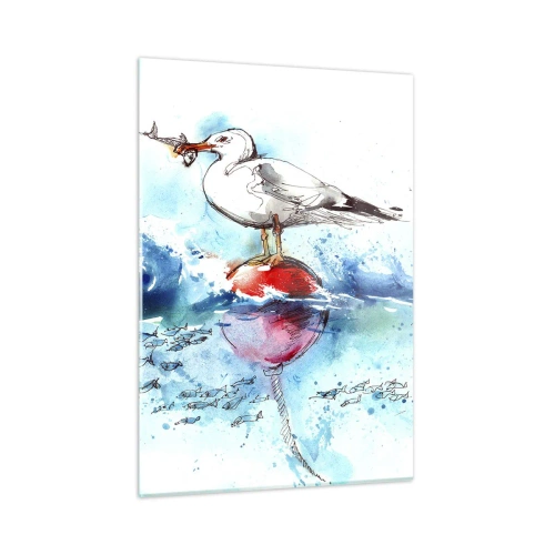 Impression sur verre - Image sur verre - Une mouette sur une bouée avec un poisson en arrière-plan des vagues de la mer - 50x70cm - Prise réussie - Décoration murale moderne pour le salon et la chambre ARTTOR