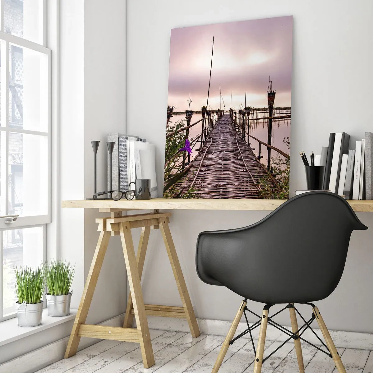 Impression sur verre - Image sur verre - Pont de bambou sur l'eau à l'aube - 70x100cm - Le silence et le calme d'Asie - Décoration murale moderne pour le salon et la chambre ARTTOR