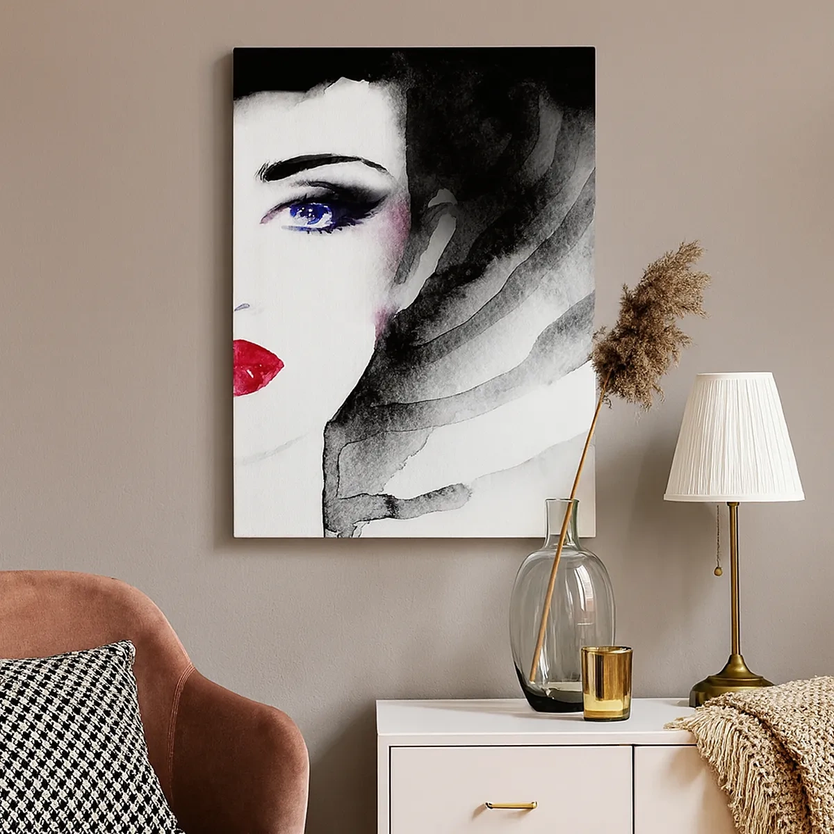 Impression sur toile - Image sur toile - Portrait d'une femme aux lèvres rouges et aux yeux bleus intenses - 50x70cm - Elle repousse et attire - Décoration murale moderne pour le salon et la chambre ARTTOR