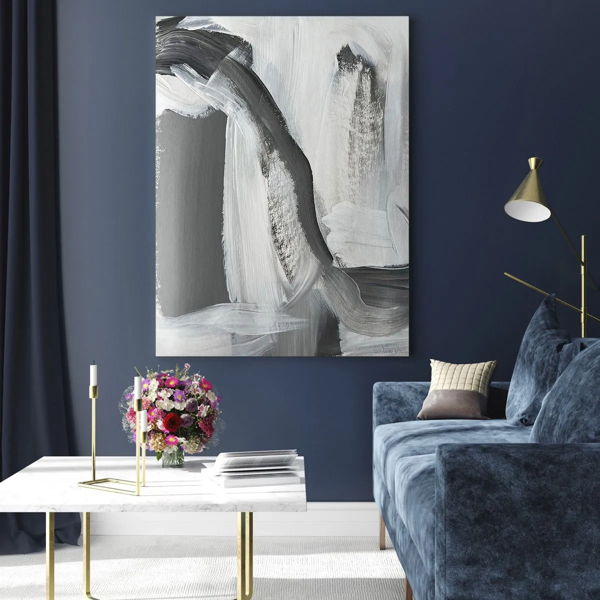 Impression sur verre - Image sur verre - Abstraction grise et blanche avec des lignes dynamiques - 70x100cm - Un geste décisif - Décoration murale moderne pour le salon et la chambre ARTTOR