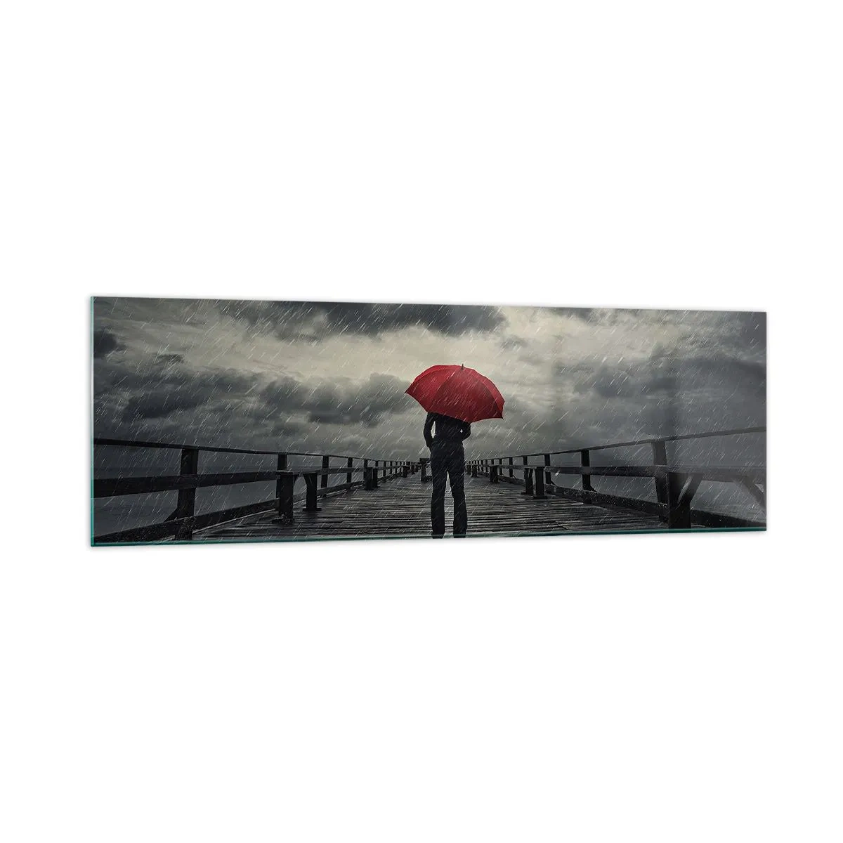 Impression sur verre - Image sur verre - Une personne avec un parapluie rouge sur une jetée pluvieuse - 160x50cm - Peu importe qu'il pleuve - Décoration murale moderne pour le salon et la chambre ARTTOR