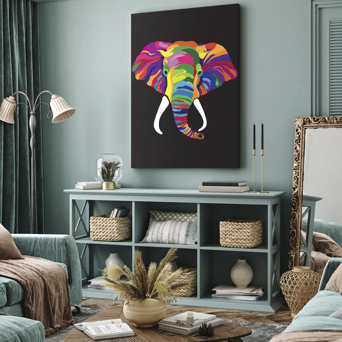 Impression sur toile - Image sur toile - L'éléphant qui aimait se baigner dans un arc-en-ciel - 45x80 cm
