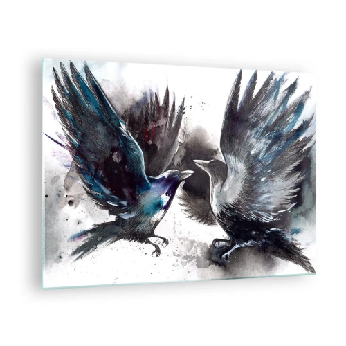 Impression sur verre - Image sur verre - Deux corbeaux dans une pose dynamique avec les ailes déployées - 70x50cm - Le corbeau des corbeaux - Décoration murale moderne pour le salon et la chambre ARTTOR