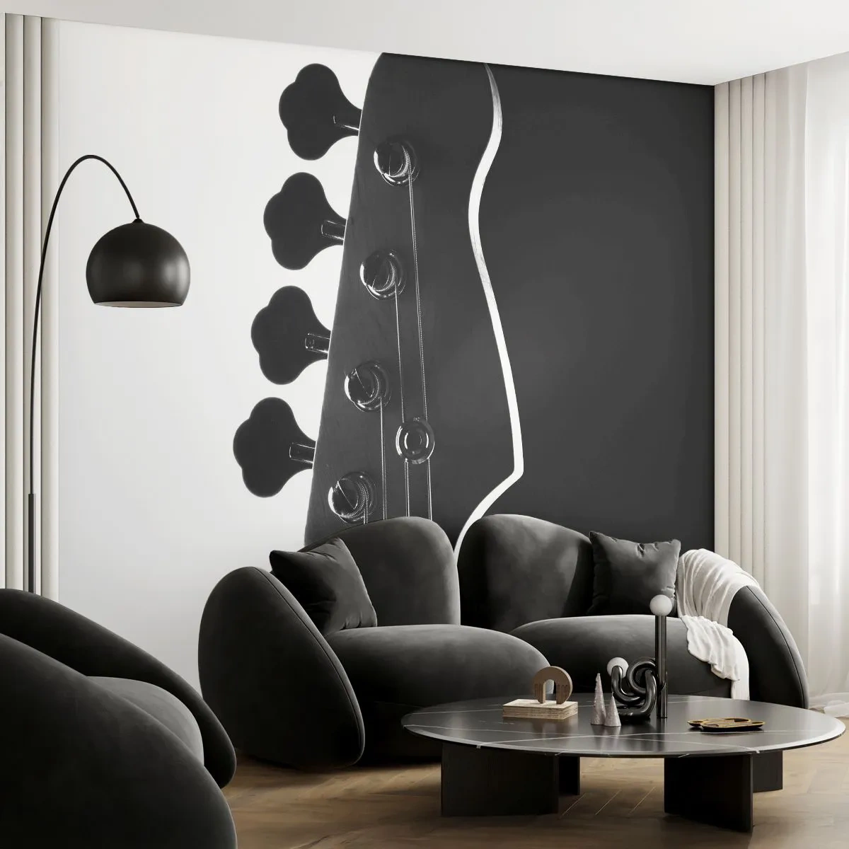 Papier Peint Photo Premium Sand - Gros plan noir et blanc d'une tête de guitare basse - 100x70cm - Silence de roche - Décoration murale moderne pour le salon et la chambre ARTTOR