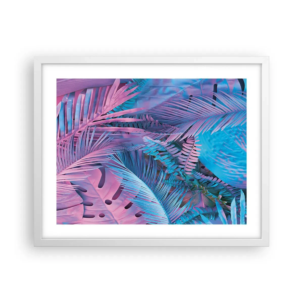 Affiche dans un cadre blanc - Poster - Les tropiques en rose et bleu - 50x40 cm