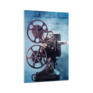 Impression sur verre - Image sur verre - Un vieux projecteur de cinéma projetant de la lumière sur un fond bleu - 70x100cm - Dans un vieux cinéma - Décoration murale moderne pour le salon et la chambre ARTTOR