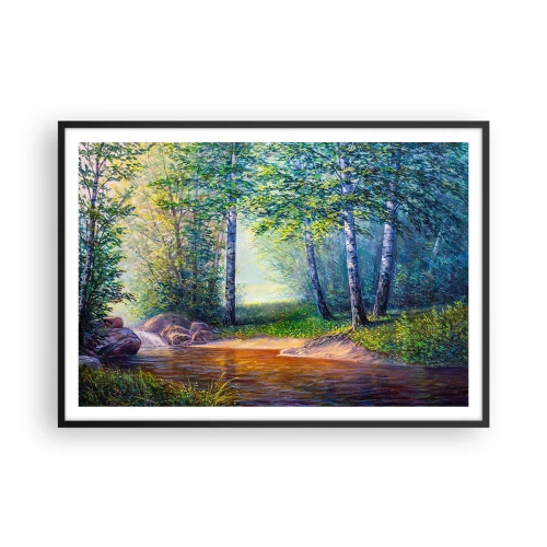 Affiche dans un cadre noir - Poster - Un ruisseau forestier entouré de bouleaux et de soleil - 100x70cm - Paysage idyllique - Décoration murale moderne pour le salon et la chambre ARTTOR