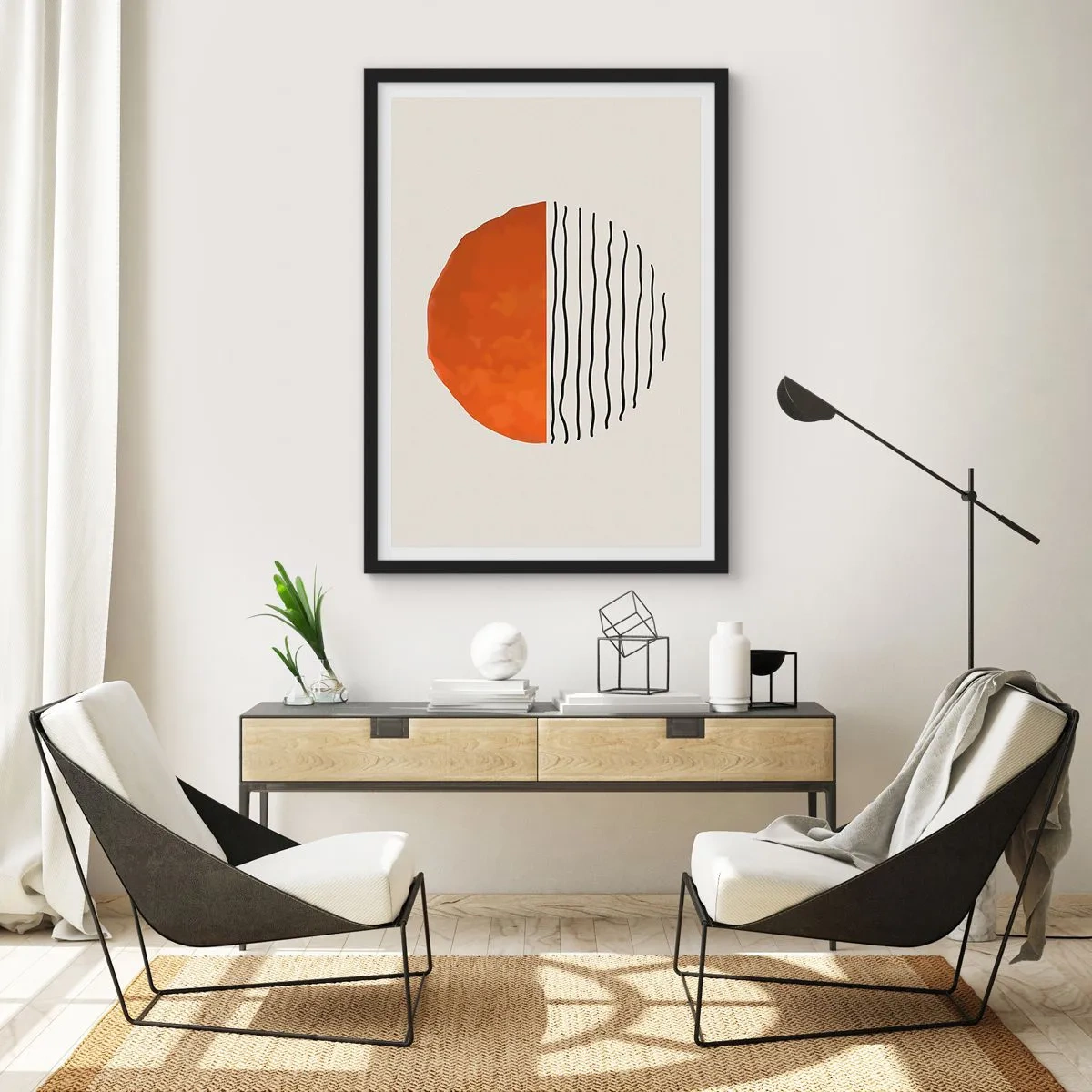 Affiche dans un cadre noir - Poster - Cercle abstrait avec une moitié orange et linéaire - 50x70cm - Dans un climat japonnais - Décoration murale moderne pour le salon et la chambre ARTTOR