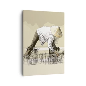 Impression sur toile - Image sur toile - Des agriculteurs travaillant dans une rizière portant des coiffures traditionnelles - 50x70cm - Récolte réussie - Décoration murale moderne pour le salon et la chambre ARTTOR