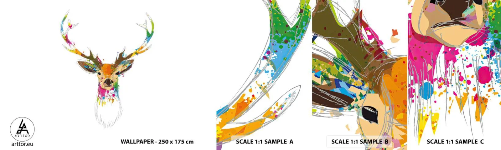 Échantillon de Papier Peint Autocollant Deluxe Sticker - Un cerf doux baigné de couleur - Abstraction, Animaux, Cerf - 100x30 cm