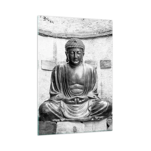 Impression sur verre - Image sur verre - Statue de Bouddha en noir et blanc dans une pose méditative - 50x70cm - A la source de la paix - Décoration murale moderne pour le salon et la chambre ARTTOR