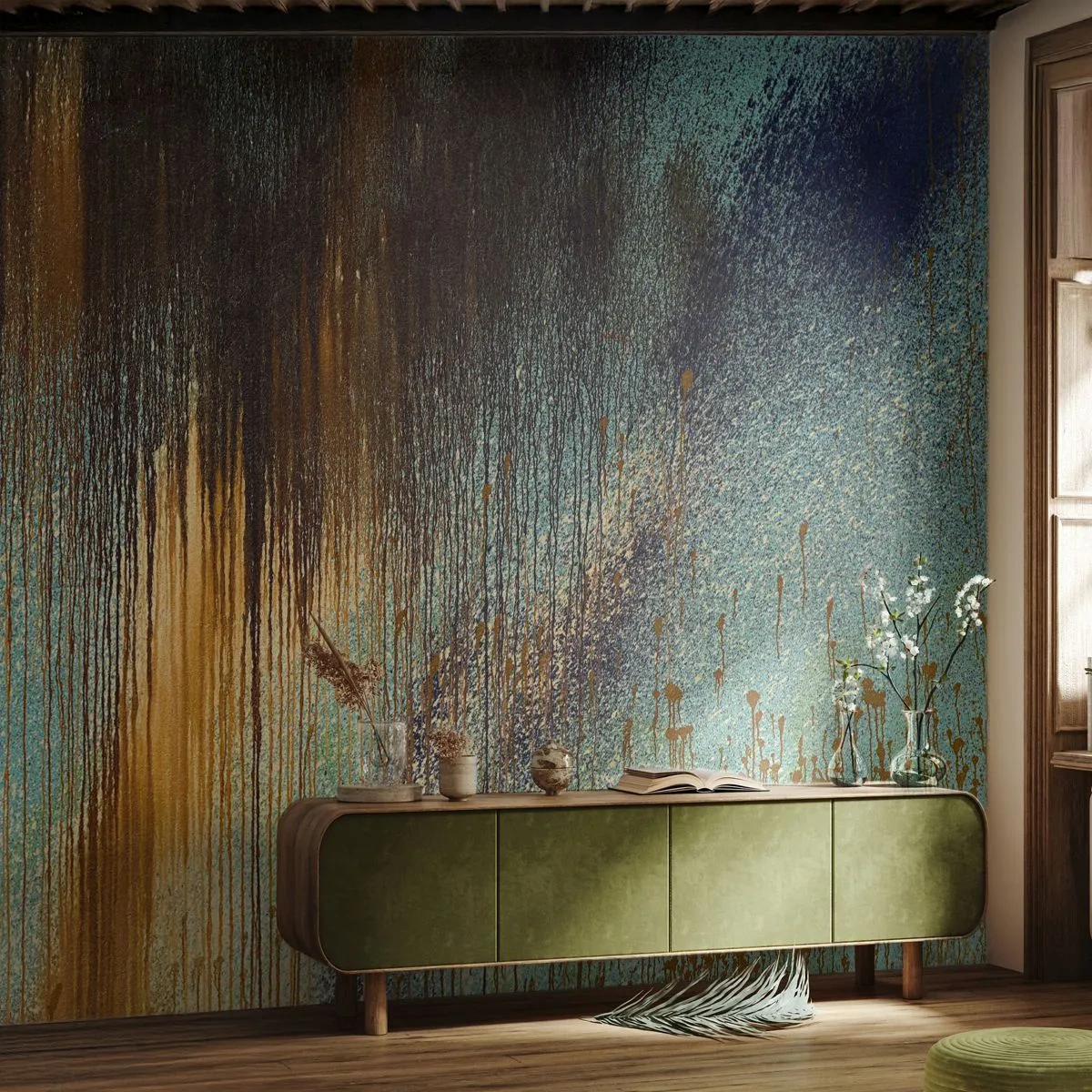 Papier Peint Photo Standard Eco - Composition abstraite en or et turquoise - 100x70cm - Une composition de couleirs non fortuite - Décoration murale moderne pour le salon et la chambre ARTTOR