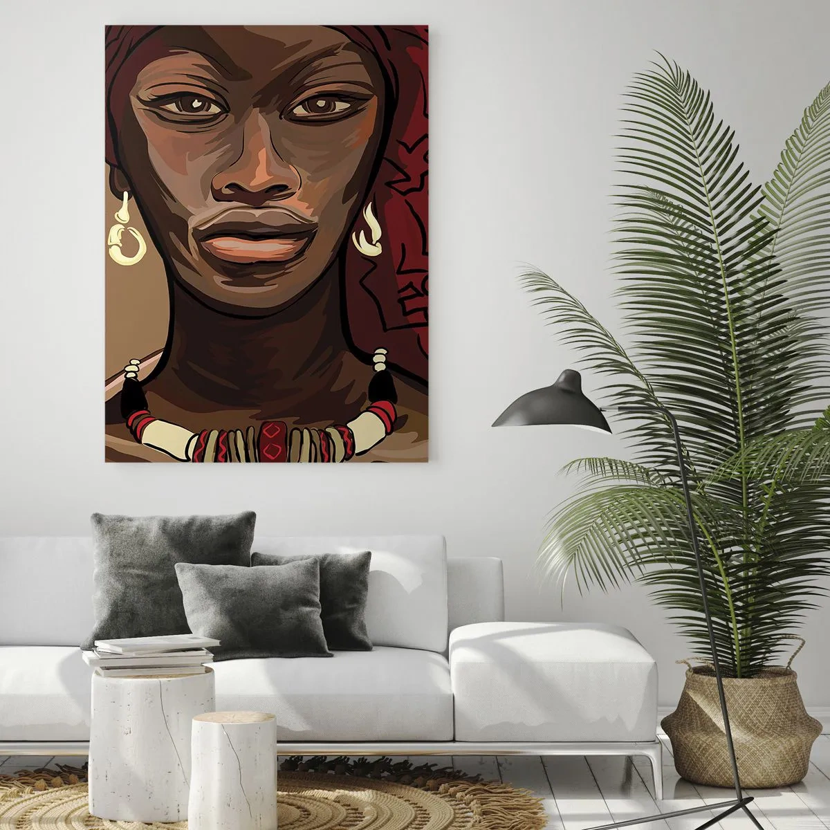 Impression sur verre - Image sur verre - Portrait d'une femme au turban rouge sur fond beige - 80x120cm - Vénus d'ébène - Décoration murale moderne pour le salon et la chambre ARTTOR