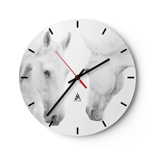 Horloge murale - Pendule murale - Deux chevaux blancs se tenant l'un en face de l'autre sur un fond blanc - 30x30cm - Serait-ce de l’amitié? - Décoration murale moderne pour le salon, la cuisine et la chambre ARTTOR