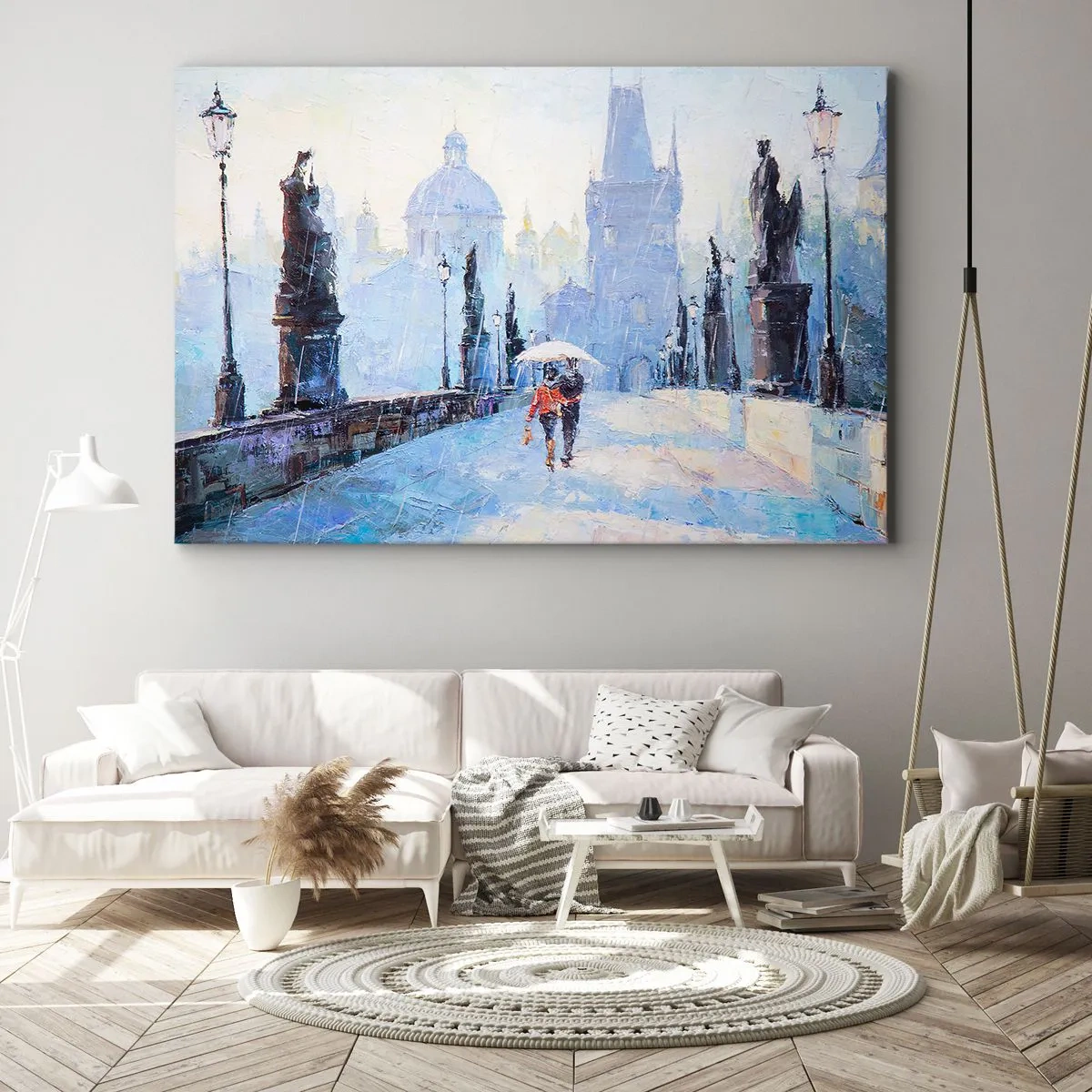 Impression sur toile - Image sur toile - Couple romantique sur un pont sous la pluie, une scène picturale - 70x50cm - La pluie a dû nous charmer - Décoration murale moderne pour le salon et la chambre ARTTOR