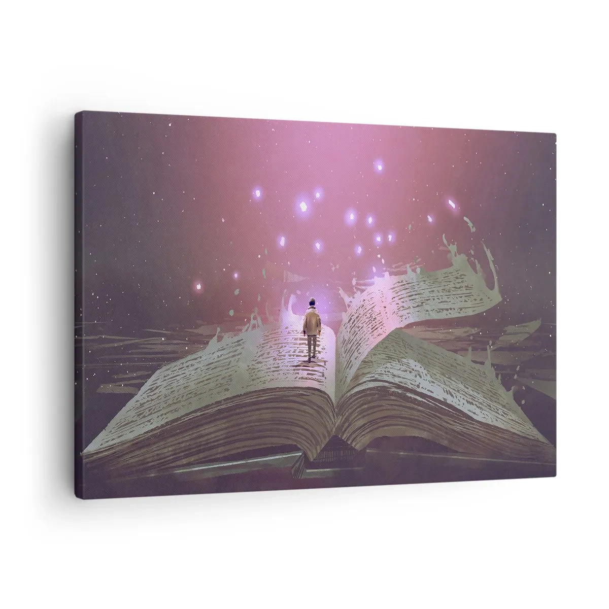 Impression sur toile - Image sur toile - Une silhouette marche sur un livre ouvert dans une lumière magique. - 70x50cm - Invitation à un autre monde - lisez ! - Décoration murale moderne pour le salon et la chambre ARTTOR