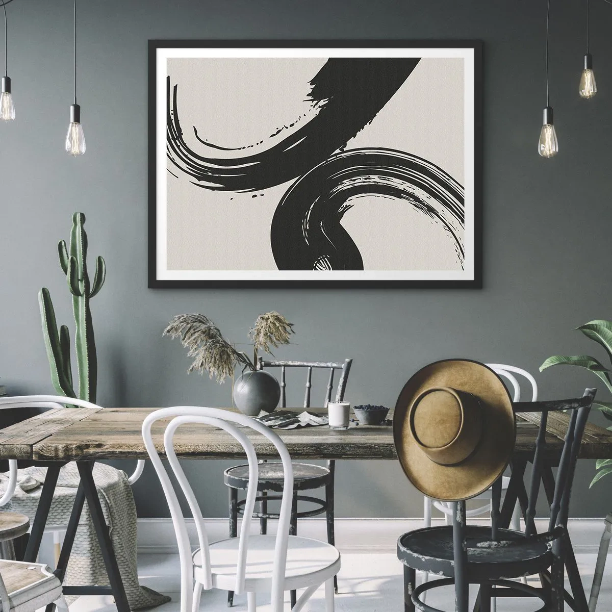 Affiche dans un cadre noir - Poster - Coups de pinceau dynamiques en noir sur fond clair - 70x50cm - Balayage circulaire - Décoration murale moderne pour le salon et la chambre ARTTOR