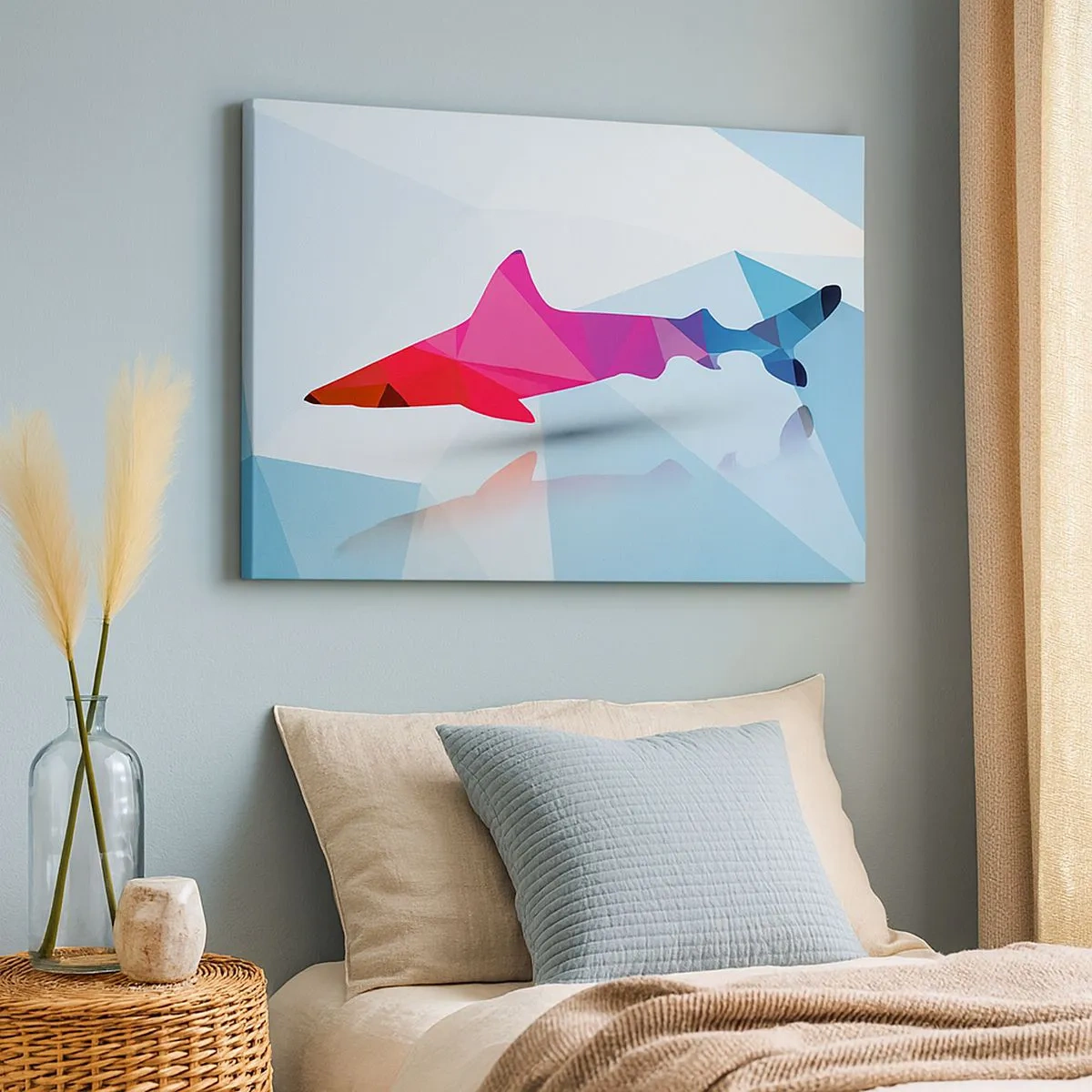 Impression sur toile - Image sur toile - Silhouette de requin géométrique dans les tons rose et bleu - 70x50cm - Un requin dans un espace de cristal - Décoration murale moderne pour le salon et la chambre ARTTOR