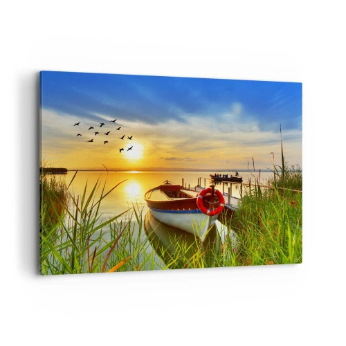 Impression sur toile - Image sur toile - Un bateau sur la rive d'un lac au coucher du soleil - 100x70cm - Les cormorans s'envolent déjà - Décoration murale moderne pour le salon et la chambre ARTTOR