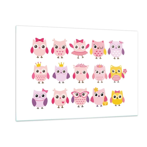 Impression sur verre - Image sur verre - Hiboux colorés aux motifs variés sur fond blanc - 120x80cm - L'un est plus doux que l'autre - Décoration murale moderne pour le salon et la chambre ARTTOR