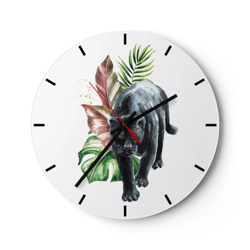 Horloge murale - Pendule murale - Panthère noire avec des feuilles exotiques sur fond blanc - 30x30cm - Sauvagerie du coeur - Décoration murale moderne pour le salon, la cuisine et la chambre ARTTOR