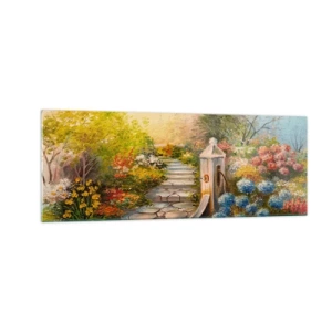 Impression sur verre - Image sur verre - Un jardin pittoresque avec une fontaine et des fleurs colorées - 140x50cm - En pleine floraison - Décoration murale moderne pour le salon et la chambre ARTTOR