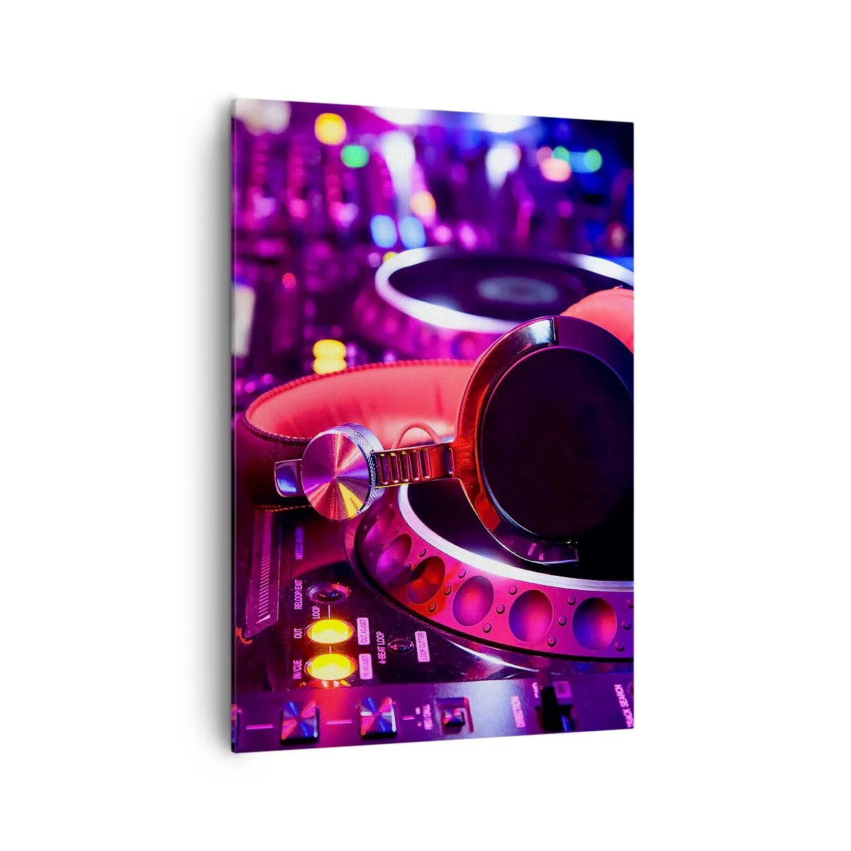 Impression sur toile - Image sur toile - Casque DJ sur une console avec éclairage néon - 70x100cm - Avant que le plaisir ne commence - Décoration murale moderne pour le salon et la chambre ARTTOR