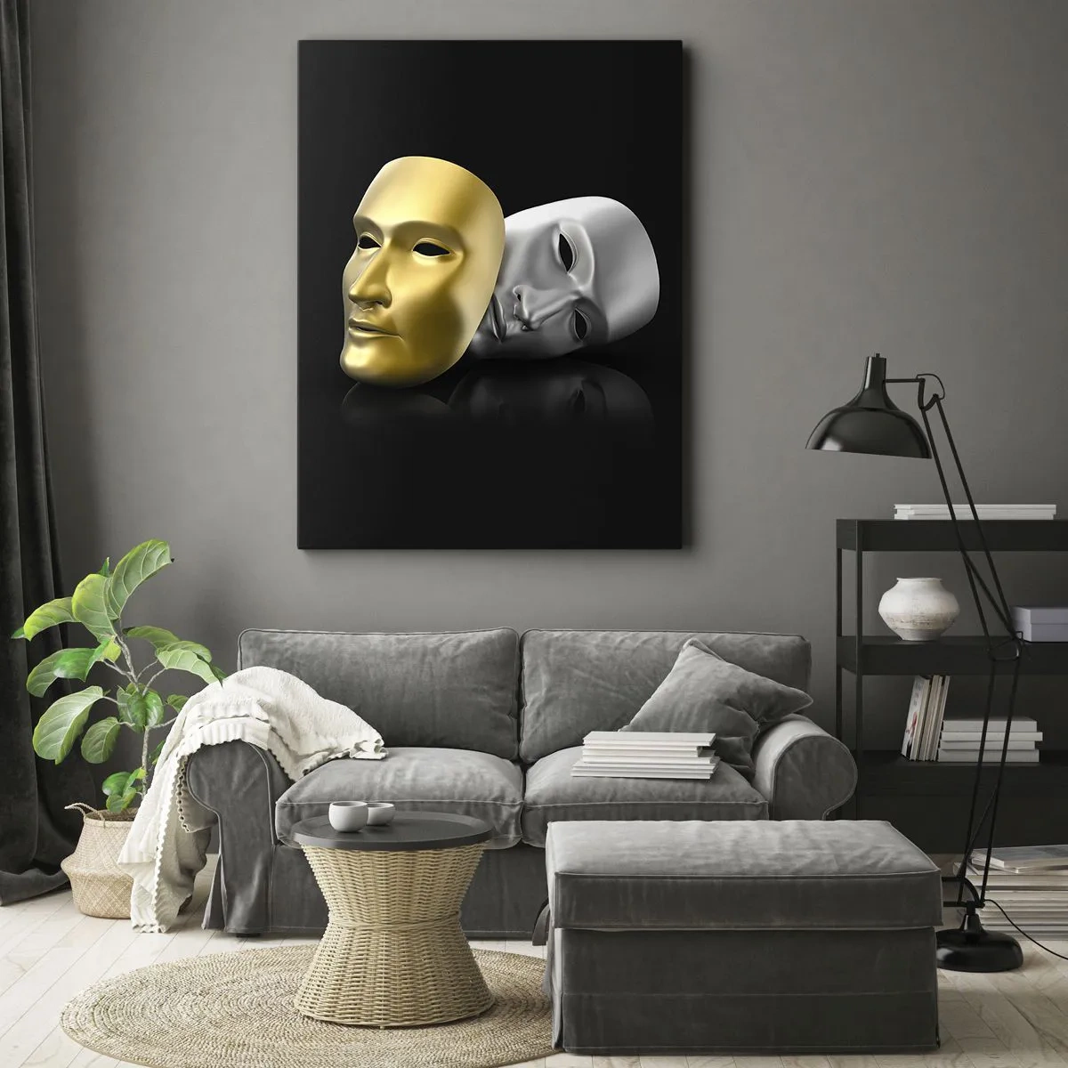 Impression sur toile - Image sur toile - Masque d'or et d'argent sur fond noir - 50x70cm - La vie est un théâtre - Décoration murale moderne pour le salon et la chambre ARTTOR