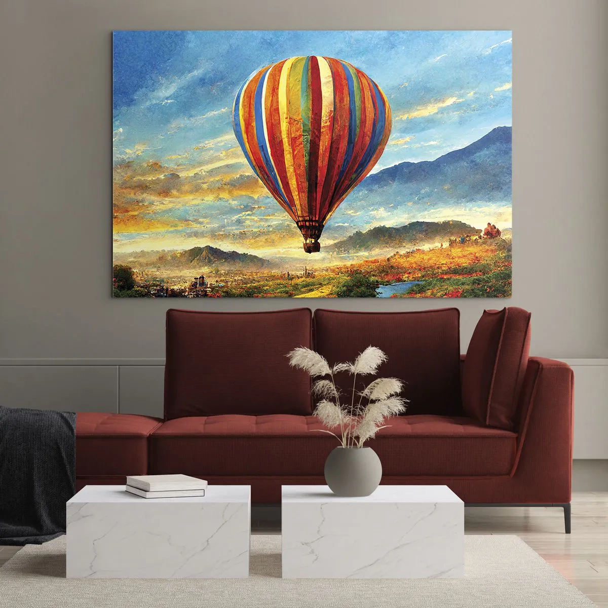 Impression sur verre - Image sur verre - Un ballon coloré flottant au-dessus d'un paysage de montagne - 100x70cm - Dans le silence on voit mieux - Décoration murale moderne pour le salon et la chambre ARTTOR