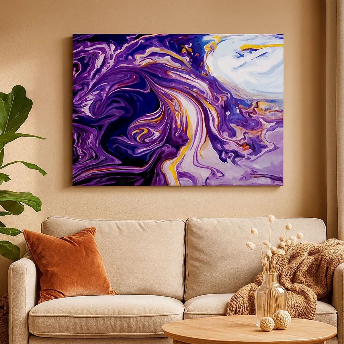 Impression sur toile - Image sur toile - Un motif abstrait dynamique dans des tons de violet et de jaune. - 70x50cm - La courbure de l'espace en violet - Décoration murale moderne pour le salon et la chambre ARTTOR