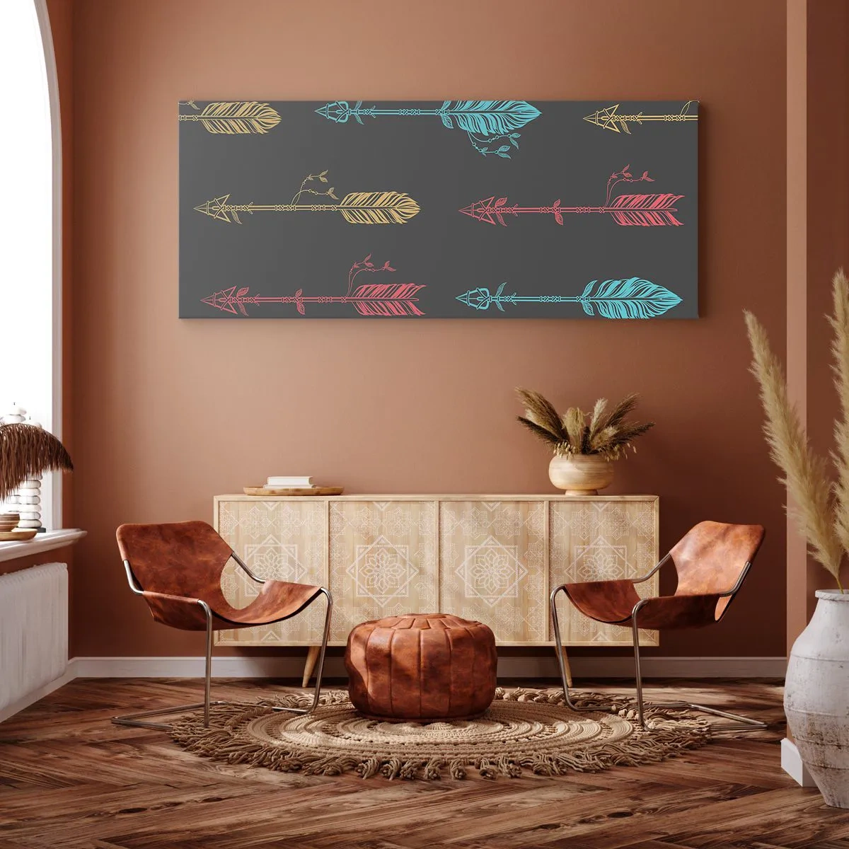 Impression sur toile - Image sur toile - Motif de flèche stylisée aux couleurs pastel sur fond sombre - 160x50cm - Dans l'ordonnance - Décoration murale moderne pour le salon et la chambre ARTTOR