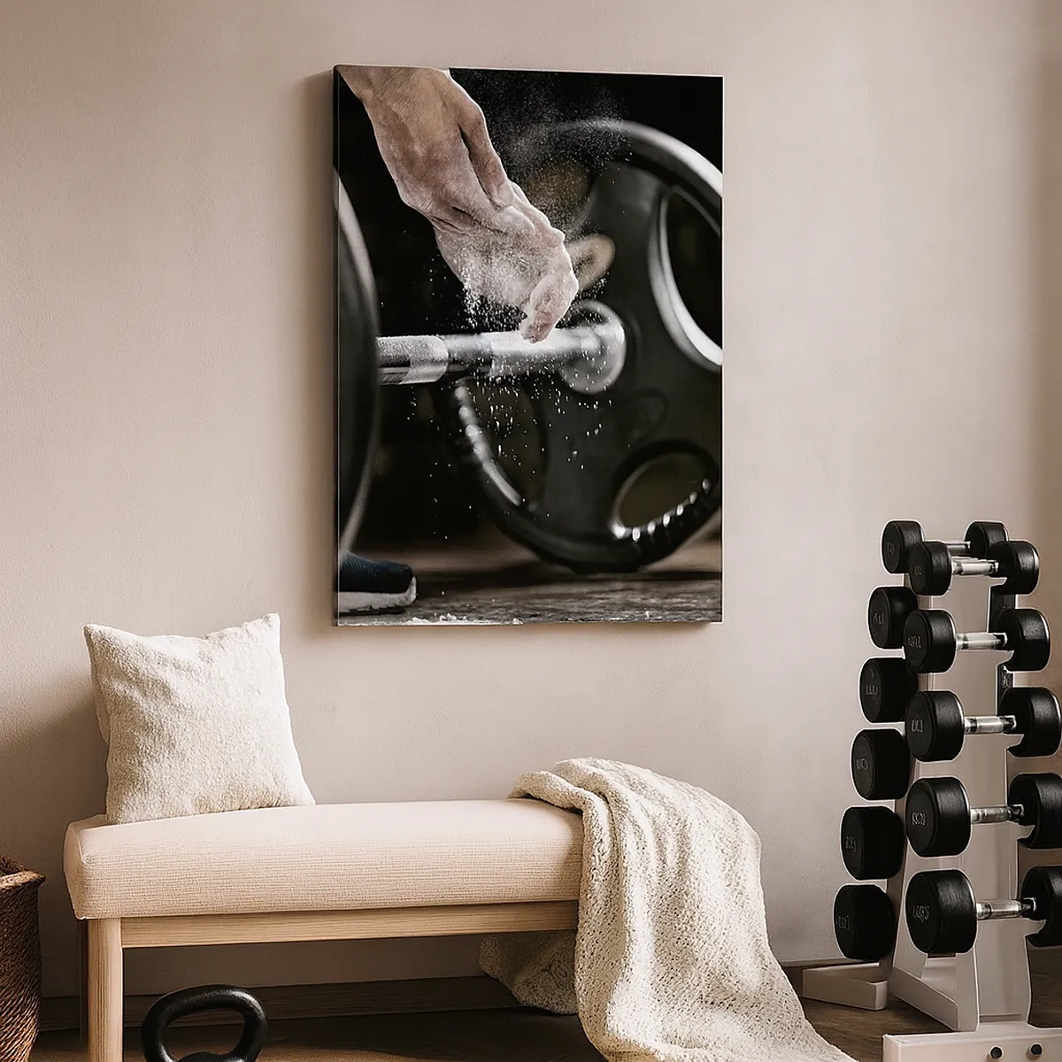 Impression sur toile - Image sur toile - Des haltères et les mains d'un athlète se préparant à l'entraînement - 50x70cm - Défi accepté! - Décoration murale moderne pour le salon et la chambre ARTTOR