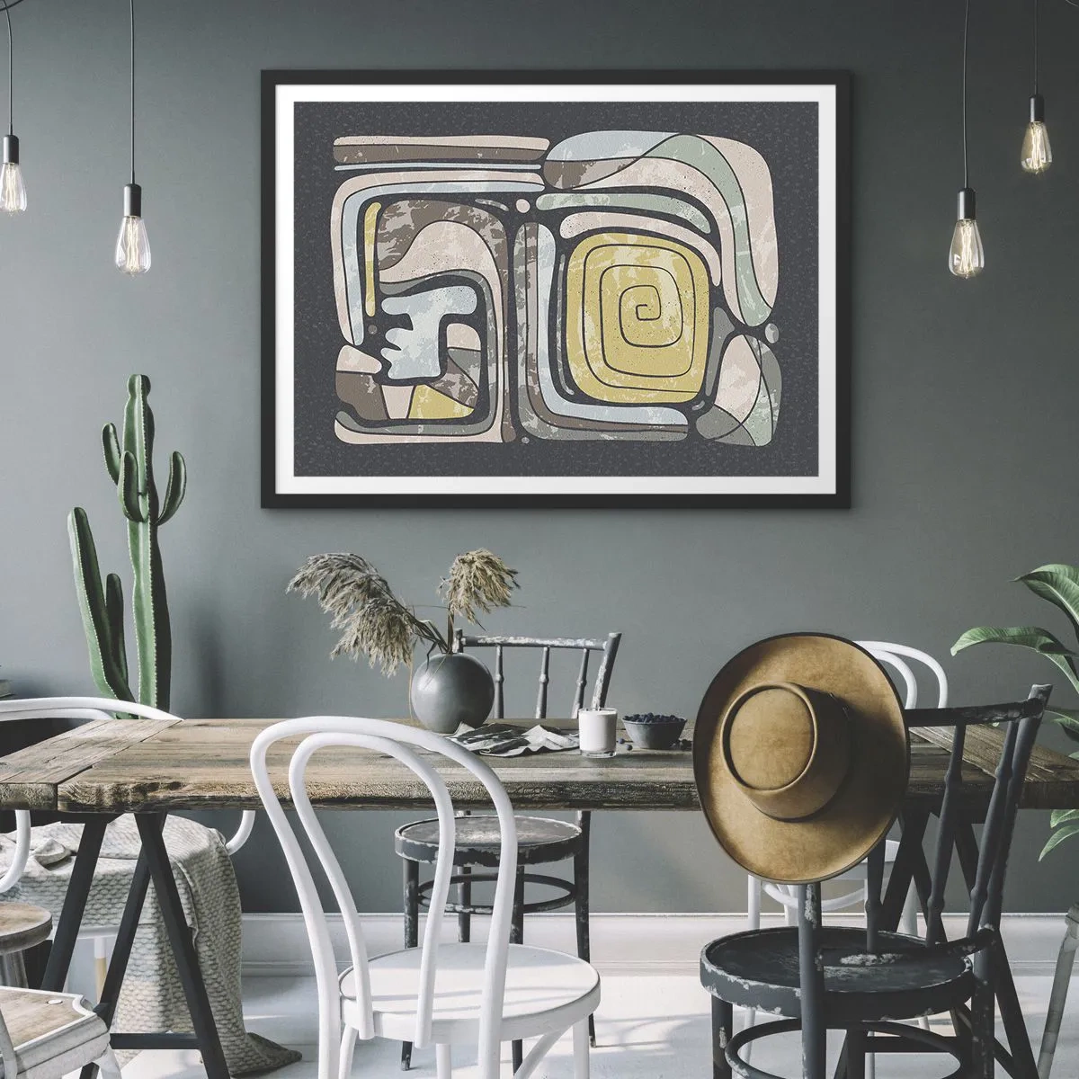 Affiche dans un cadre noir - Poster - Motifs précolombiens aux couleurs pastel sur fond sombre - 100x70cm - L'abstraction dans l'esprit précolombien - Décoration murale moderne pour le salon et la chambre ARTTOR