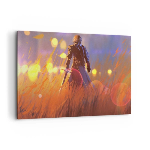 Impression sur toile - Image sur toile - La figure d'un chevalier à la lumière du soleil couchant dans un champ - 100x70cm - Chevalier errant - Décoration murale moderne pour le salon et la chambre ARTTOR