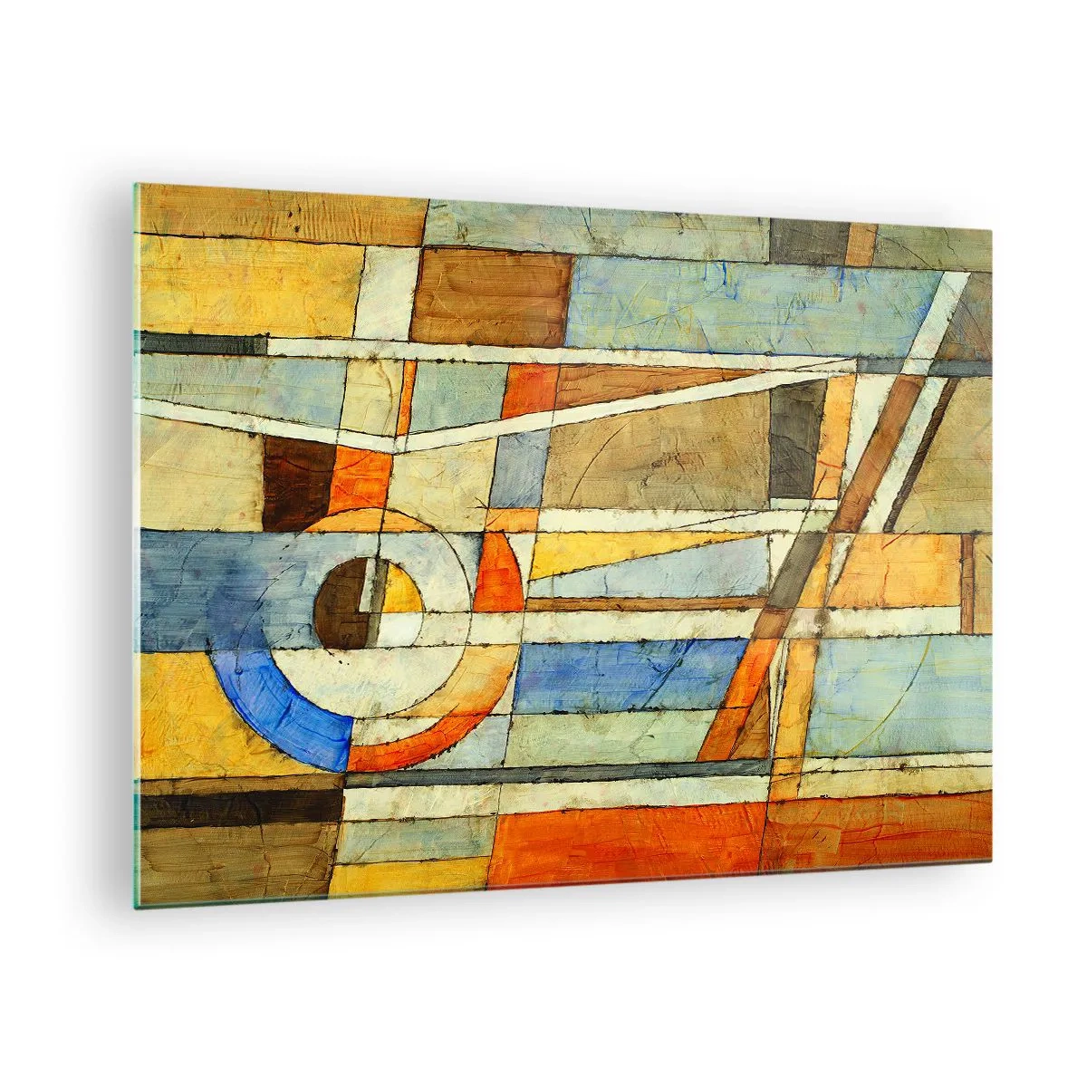 Impression sur verre - Image sur verre - Une composition abstraite aux motifs géométriques et aux couleurs chaudes. - 70x50cm - Cubisme sur le chantier - Décoration murale moderne pour le salon et la chambre ARTTOR