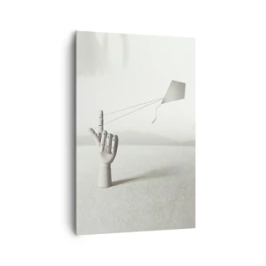 Impression sur toile - Image sur toile - Une main en bois minimaliste avec un cerf-volant sur un fond de paysage. - 80x120cm - Épreuve de force - Décoration murale moderne pour le salon et la chambre ARTTOR