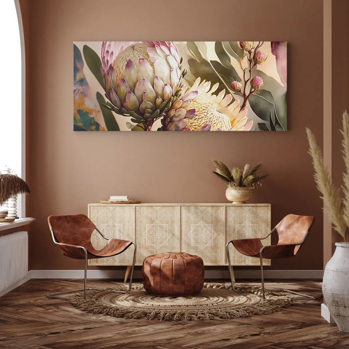 Impression sur toile - Image sur toile - Fleurs de protéa colorées sur un fond délicat - 120x50cm - Tendrement embrassé - Décoration murale moderne pour le salon et la chambre ARTTOR